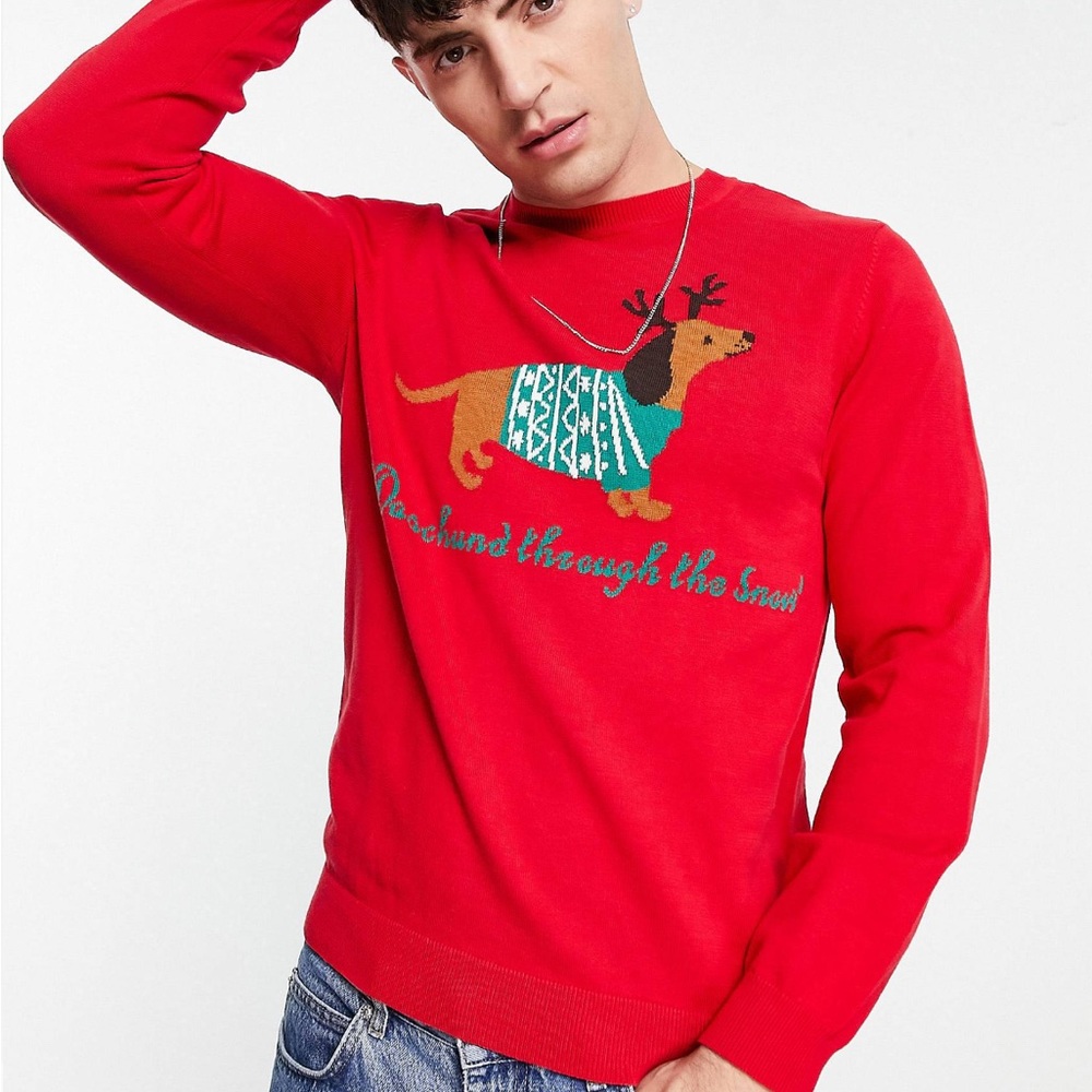 Knitted Christmas Sweater in red with sausage dog size L